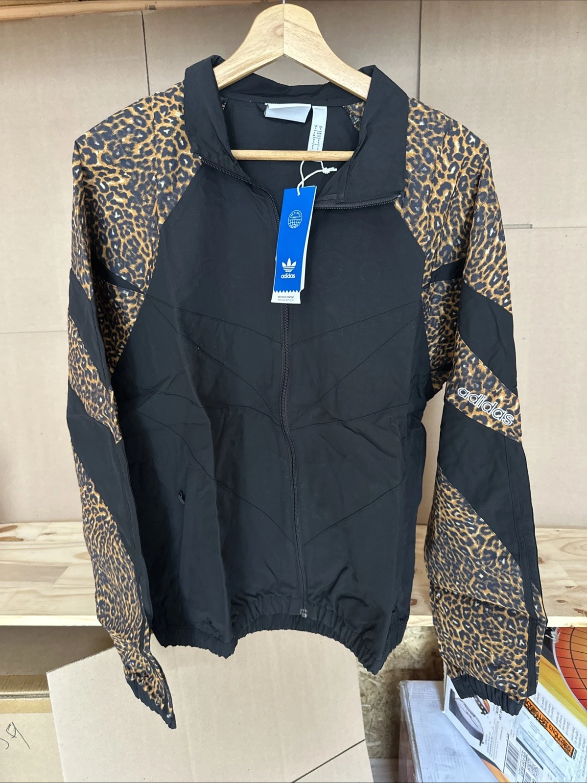 Adidas Jacket Mens Black Leopard Cheetah Colorblock Windbreaker Trefoil Logo S