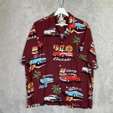 Paradise Found Maroon Classic Chevy Cars Button Up Hawaiian Shirt Men’s Large