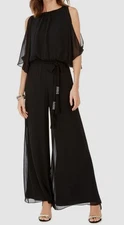 Msk Women's Black Scoop-Neck Wide-Leg Chiffon Blouson Belted Jumpsuit Sz M