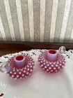 2 Vintage Fenton Cranberry Hobnail Opalescent Candlestick Holders Finger Loop