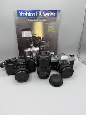 Yashica FR Bodies, Black & Chrome, 2 50mm 1.7 ML Lenses, Yashica 135mm 2.8 READ