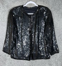 Vintage Mark & John II Silk Cardigan Top Womens Size Medium Black Beaded Sequin