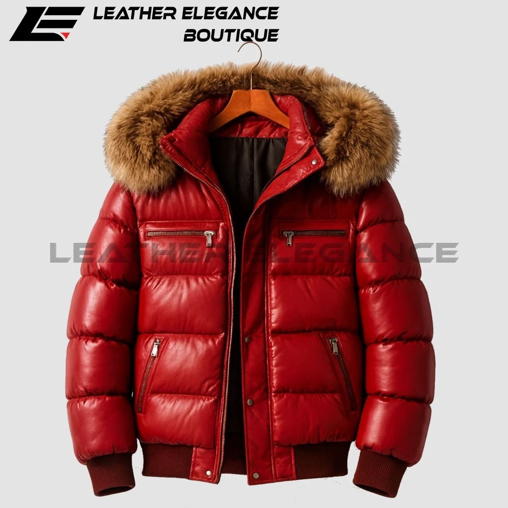 Men's Red Leather Puffer Jacket with Fur Trim Hood Winter Quilted Coat
Opens in a new window or tab
