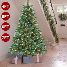 4/5/6/7ft Christmas Tree with LED Lights Pine Cone Bushy Tips Artificial Holiday