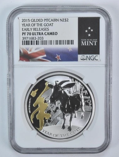 2015 Pitcairn Islands 2 Dollars Silver Gilt Year Of The Goat ER PF70 NGC *5942