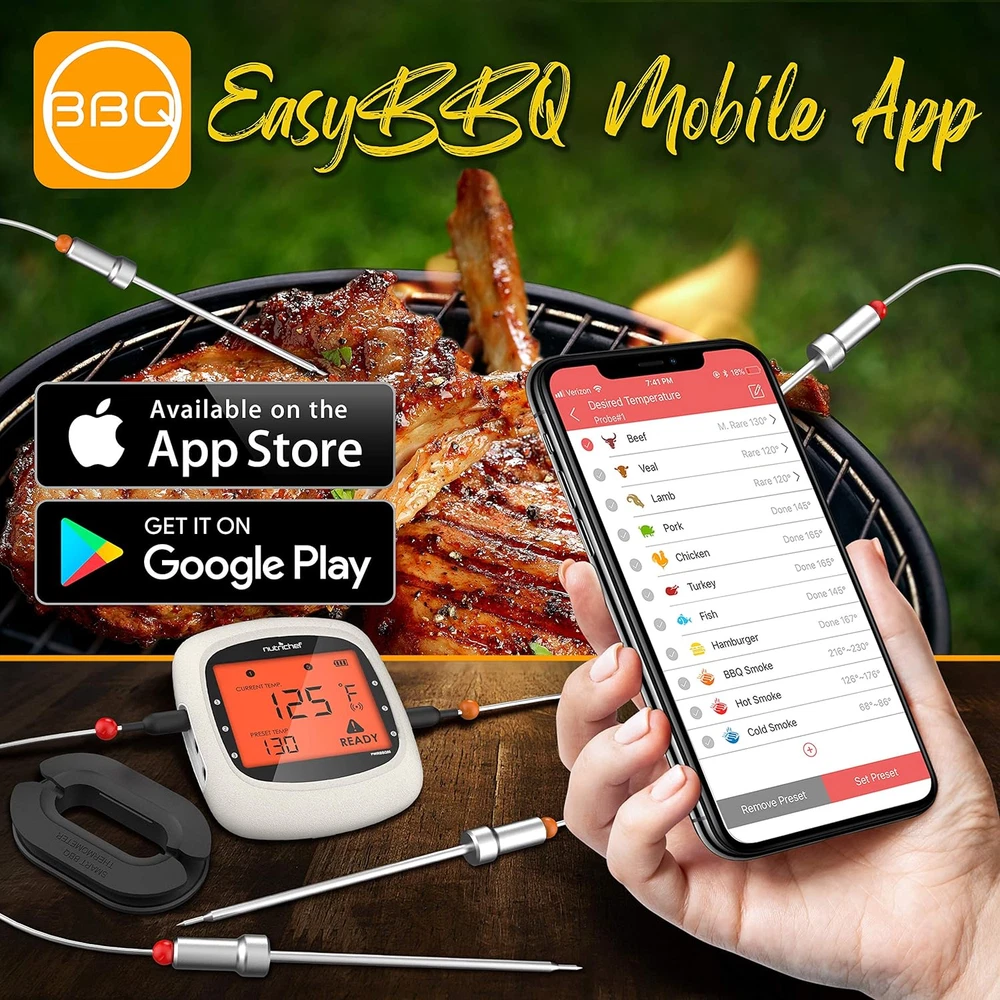 Bluetooth Meat Thermometer for Grilling and Smoking with 6 Wireless Meat Probes,