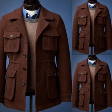 Vintage Men Safari Jacket Wool Blend 4 Pocket Warm Casual Outdoor Hunting Coat