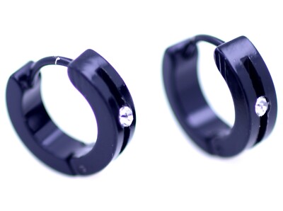 Schwarze 1,3 cm Edelstahl Creolen mit einem Kristall