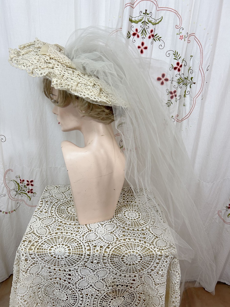 Vtg 50s Ecru Lace Wedding Platter Hat Wide Brim Open Crown w  display picture 3