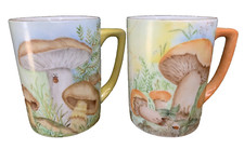 Mushroom Mugs Hand Painted China SET OF 2 CUPS Signed Gold rim Wrapped Art READ