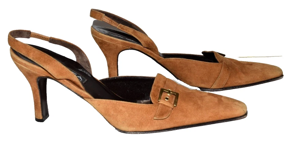 Via Spiga Marrón Gamuza Hebilla Correa Punta Cuadrada Tacones Cordones Talla 11M Foto 3 de 4