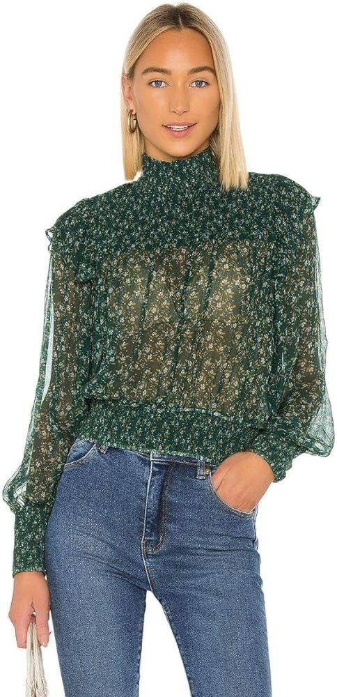 FREE PEOPLE L Roma Top Forest Green Floral Smocked Long FREE PEOPLE L Roma Top Forest Green Floral Smocked Long
