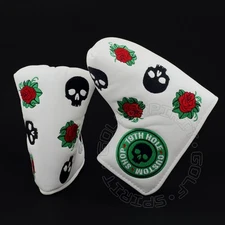 19th Hole Custom Shop Skull & Rose Head Cover Blade Midsize Mallet Putter, White