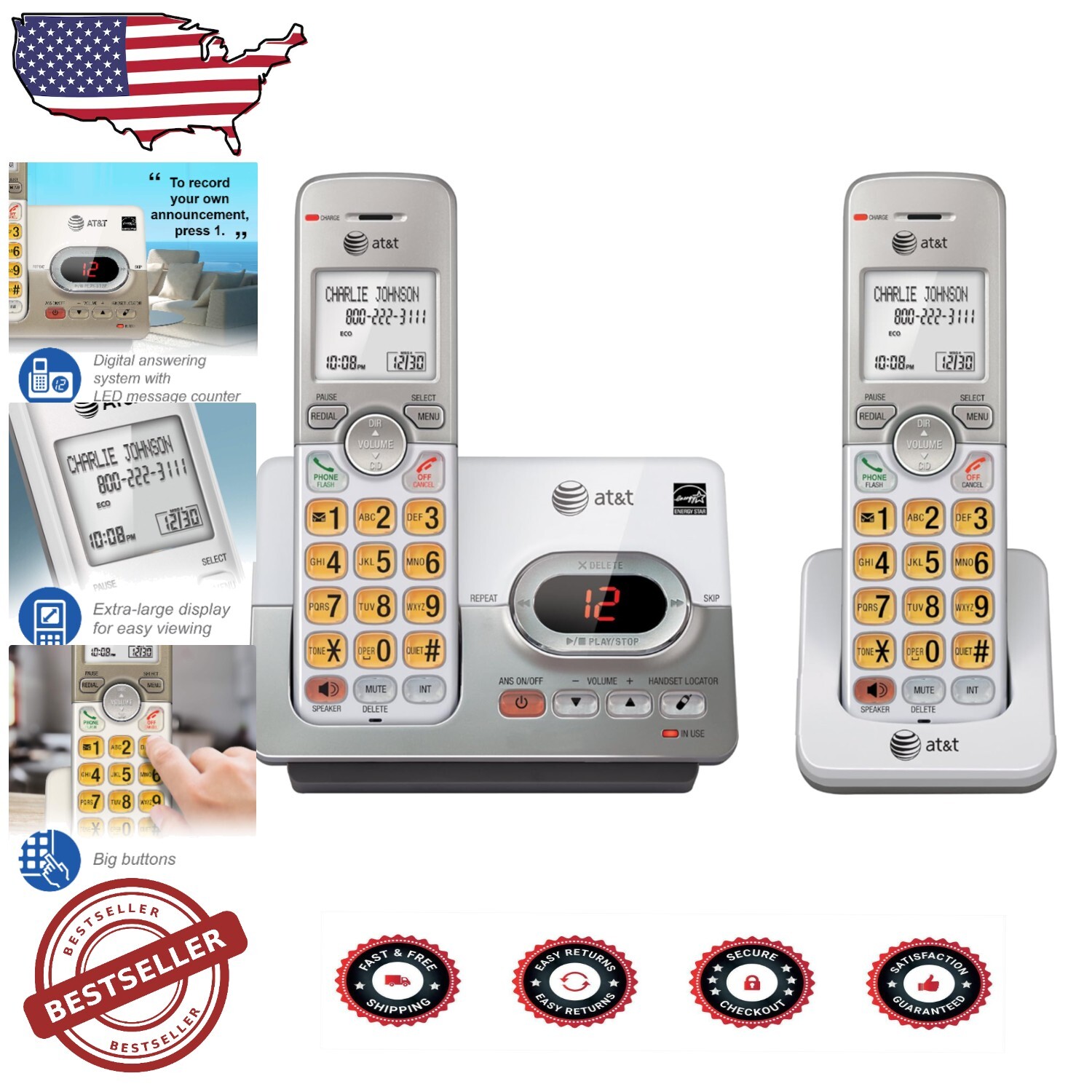 Cordless Phone with Caller ID, 2 Handsets, and Expandable DECT Technology System