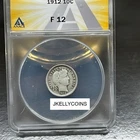 1912-P Barber Dime 90% Silver Graded By ANACS F12