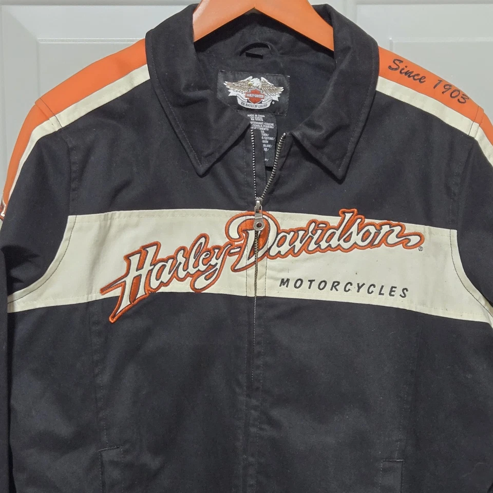 Harley Davidson Black Orange Embroidered Motorcycle Jacket Womens Xlarge - Image 2 of 4