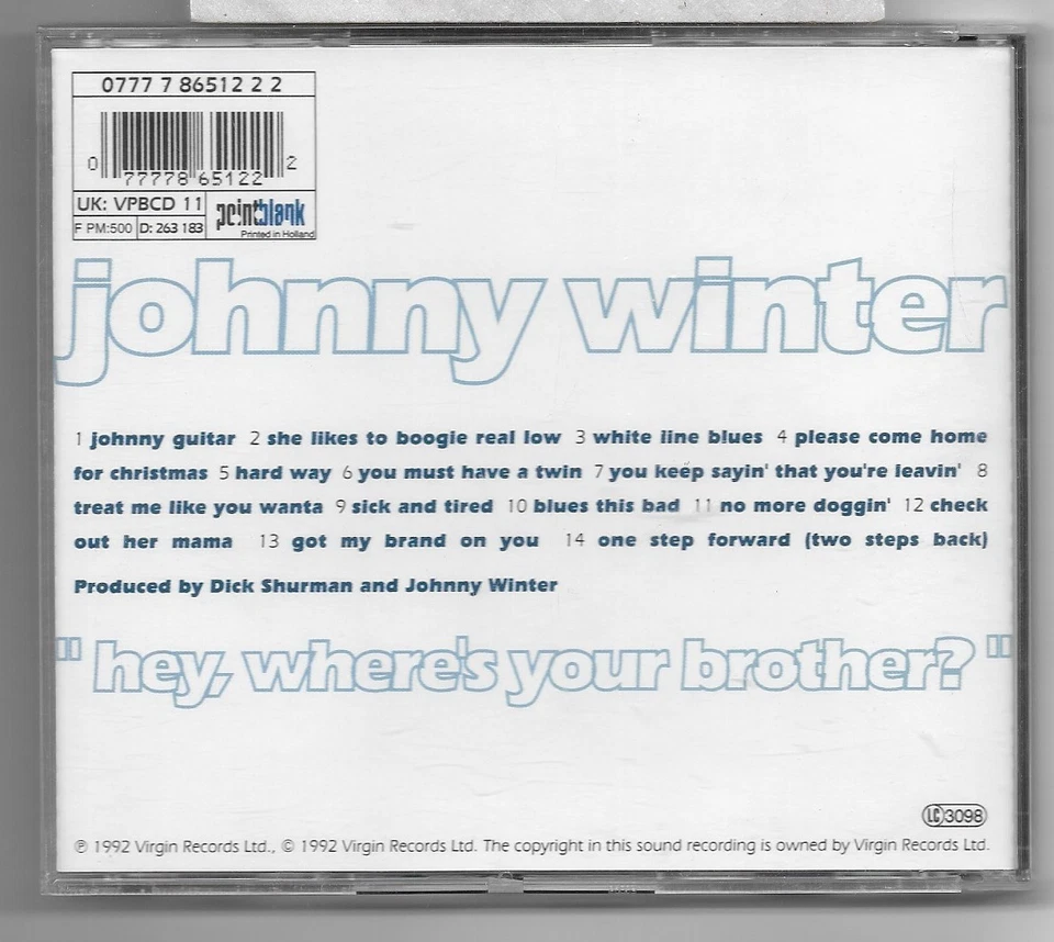JOHNNY WINTER - Hey, Where's Your Brother ? (Blues) / Album CD Europe NM/VG+ - Photo 2/2