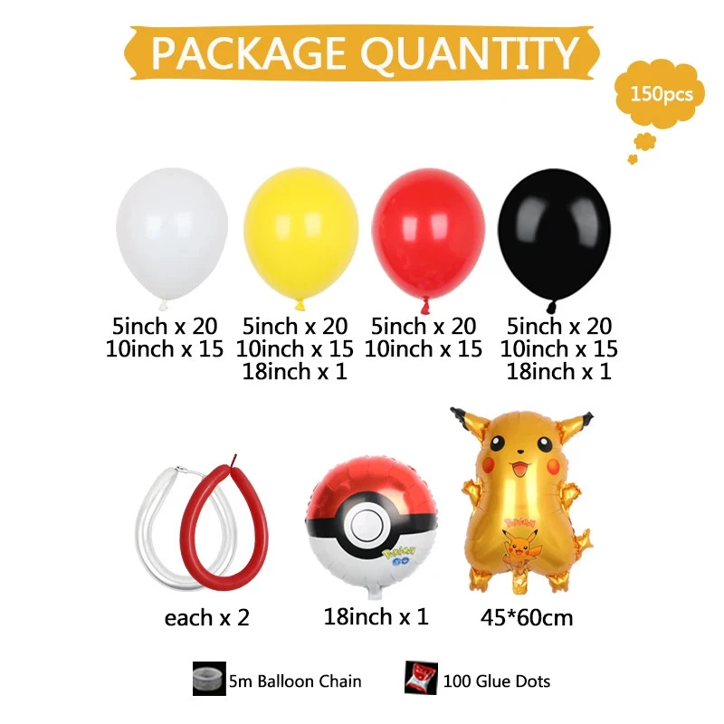150 peças kit arco balão festa tema Pokemon Pikachu vermelho amarelo preto bola de látex - Imagem 4 de 4