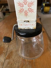 Vintage Androck #49 Nut Grinder Chopper Glass Jar Retro Orange Pink Flower 1940s