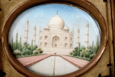 1900's Miniature Watercolor Hand Painted Painting India Taj Mahal Wood Frame