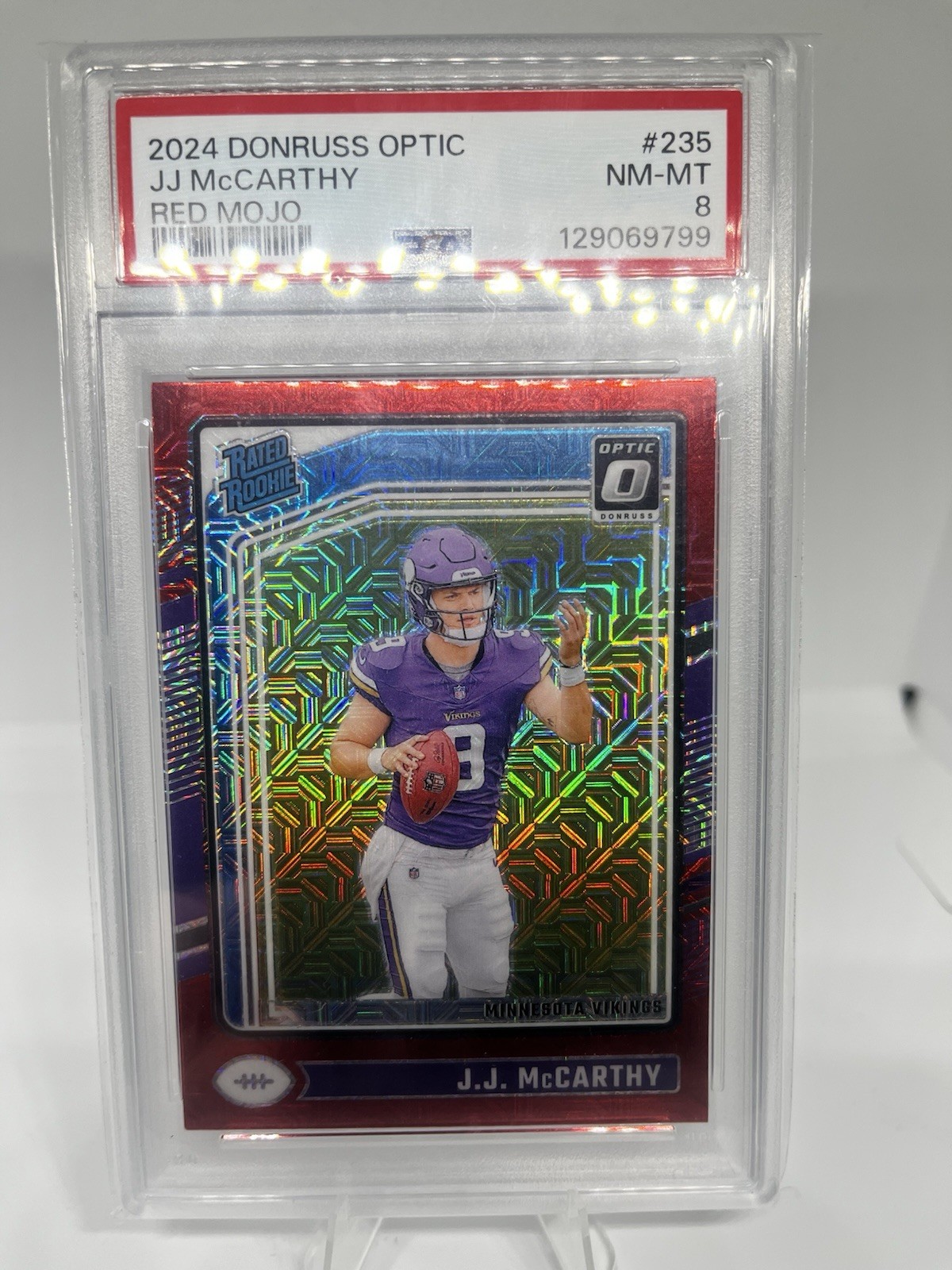 2024 Panini Donruss Optic - Rated Rookie J.J. McCarthy #235 Red Mojo Prizm PSA 8