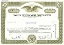 Simplex Development Corporation - Specimen Stock Certificate - Specimen Stocks