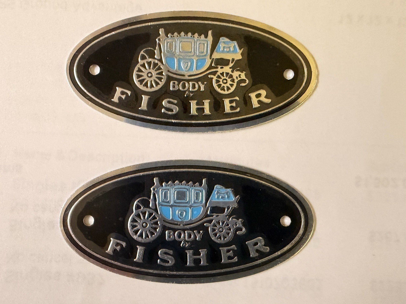 Lot of 2 Body by FISHER Emblems OEM GM Parts Door Sill Plate Logos OE Chevy Pair
