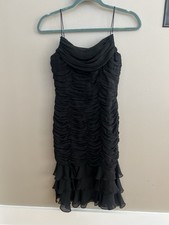 Vintage Silk Black Ruffle Dress Cowl Neck Ruffled Hem Gem Spaghetti Straps Sz S