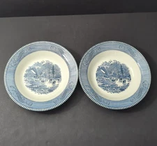 Currier and Ives Blue Early Winter 8.5 inch Rimmed Soup Bowls USA Set of 2 Lot D