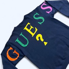 Vintage 90s GUESS Multicolor Big Logo Navy Blue Crewneck Sweatshirt Medium USA