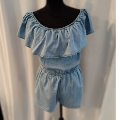 Active USA Denim Lightwash Off The Shoulder Ruffle Romper Blue Large