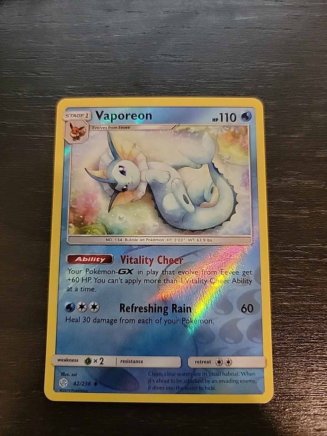 Vaporeon Reverse Holo Cosmic Eclipse Foil SM Pokemon Card 42/236 NM