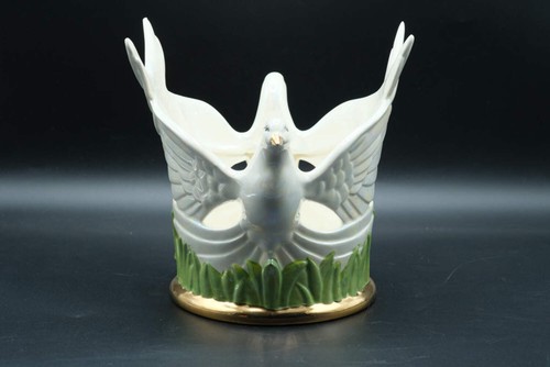 Dove Figural Candle Holder w/ Removable Insert, Iridescent Pearl Glaze & Gold Ba