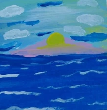 Seascape Sunset Painting IMPRESSIONISM WHIMSICAL ANIMALS  OOAK Original 3x3 Art