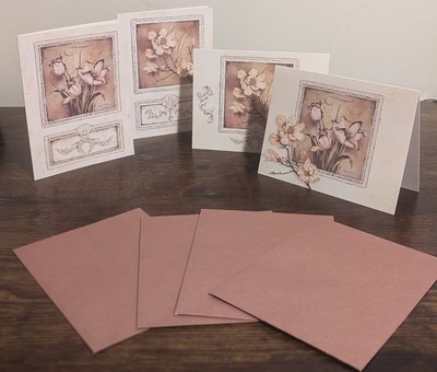4 Vintage Kathryn White Floral Greeting Note Cards + Original Mauve Envelopes