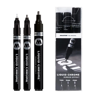 Molotow Liquid Chrome Pen Set - 3 Pack Metallic Pump Marker - 1, 2 & 4mm Nibs