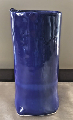 Simple Handcrafted Blue Cylindrical Pottery Vase 7'' High Signed