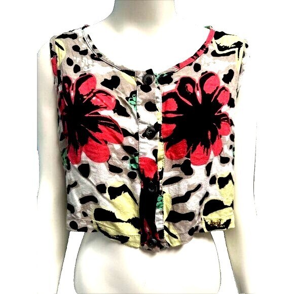 Floral Print Rayon Button Down Crop Top in Petite Size Small-image