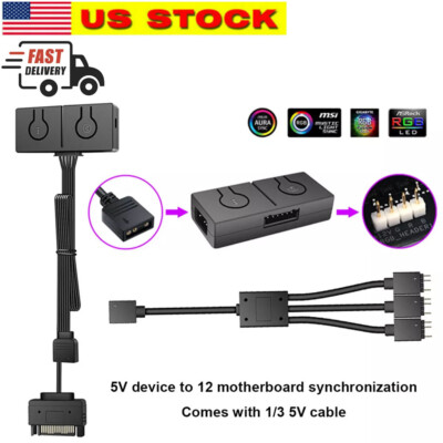 5 to12V RGB Converter,3-Way Splitter, SATA Connector,Sync w/Motherboard Portable