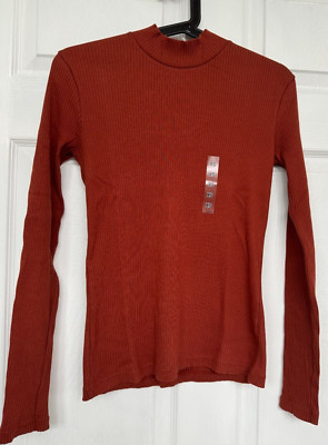 NEW Uniqlo Ribbed High Neck Long-Sleeve T-Shirt DARK ORANGE Size XS