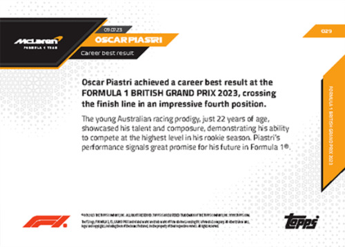 ➠ Topps Now Formula 1 2023 #029 Oscar Piastri - McLaren F1 Team