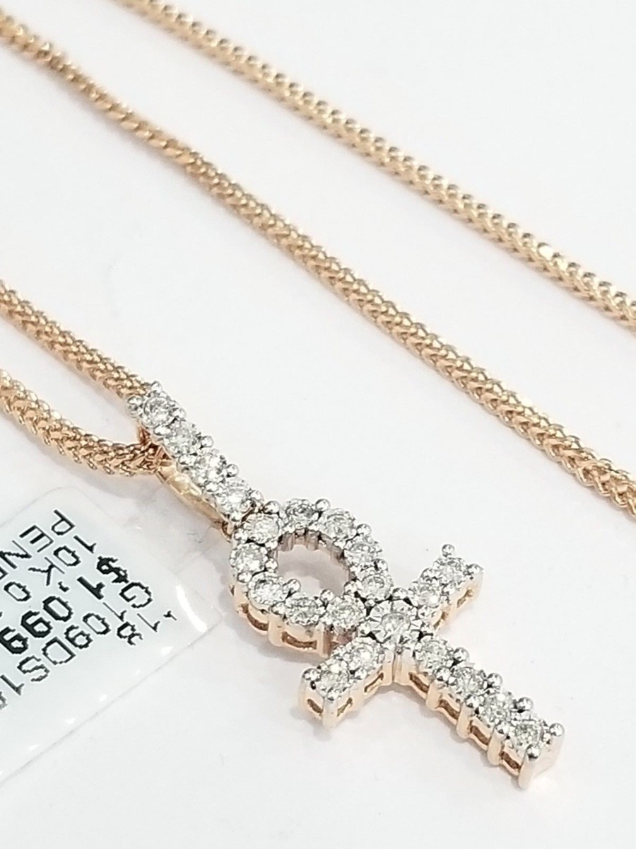 Real 10K Rose Gold Natural Diamond Cross Ankh Pendant Charm Ct 24