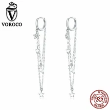 Voroco European .925 Sterling Silver Stars & Moon Tassel Earrings Women Jewelry
