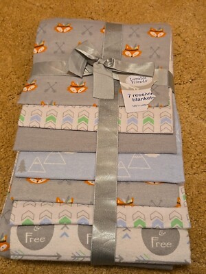 7Pk Luvable Friends Flannel 100% Cotton Receiving Blankets Gray Fox Arrows Boy