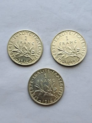Lot de 3 pièces 1 franc semeuse de 1914, 1915 et 1916 en argent - Photo 1/4