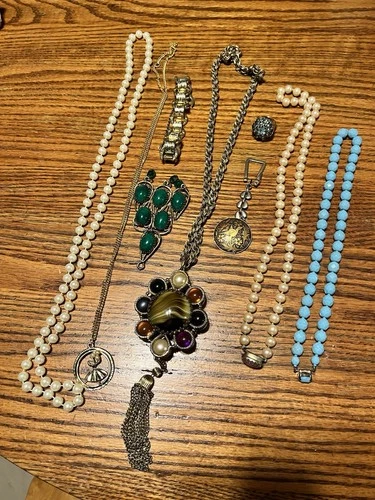 Vintage Costume Jewelry Lot, Ornate Gold Tone Beaded Ring Necklace 9 Pcs