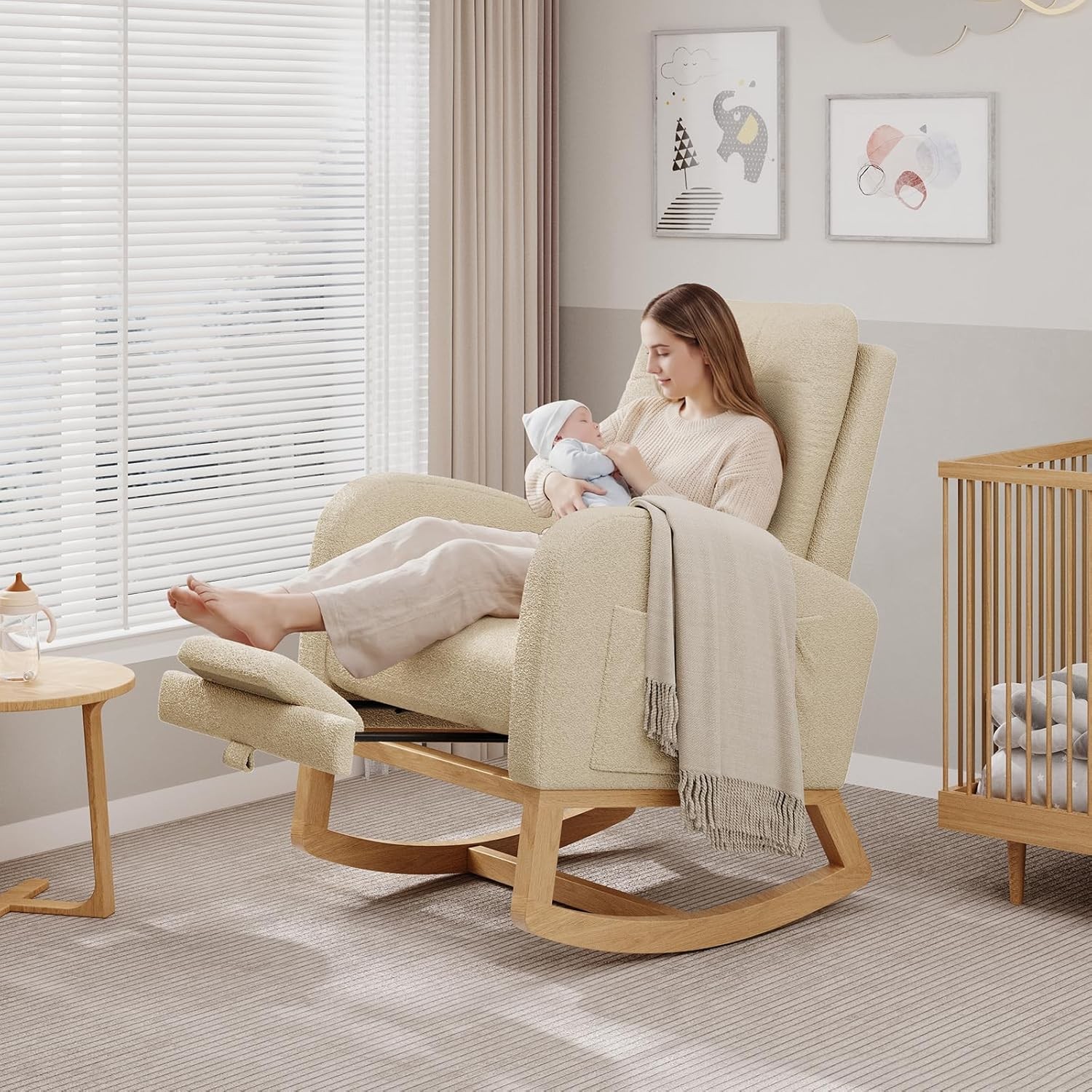 Nursery Rocking Chair with Footrest, Teddy Fleece Glider Chair Rocker Armchair