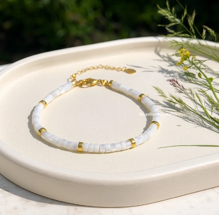 Pulsera Tubo Madreperla Cristal Blanco Chapado en Oro Cadena Ajustable Joyería Foto 2 de 4