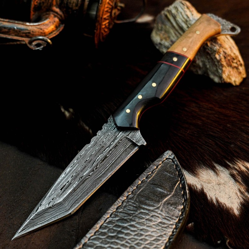 9.1" Damascus Tactical Knife Full Tang Hybrid Handle Fix Blade Leather Sheath