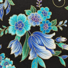 Jacobean Metallic Cotton Turquoise Flowers on Jet Black Retired Timless Treasure